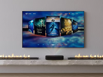 Smart TV Displaying Movie Posters With Soundbar On Flame Decorated TV Stand 3d model
