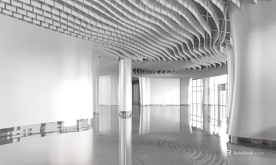 Modern Front Desk Reception Area With Wavy Ceiling Design And Smooth Reflective Floor 3d model 