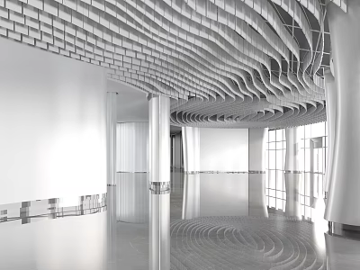 Modern Front Desk Reception Area With Wavy Ceiling Design And Smooth Reflective Floor 3d model