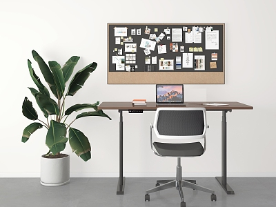 Modern Desk Mobile Desk Lifting Table Workbench Office Chair Plant Notes Wall Post-it Notes Board Potted Desk Office Chair model