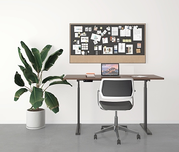 Modern Desk Mobile Desk Lifting Table Workbench Office Chair Plant Notes Wall Post-it Notes Board Potted Desk Office Chair 3d model