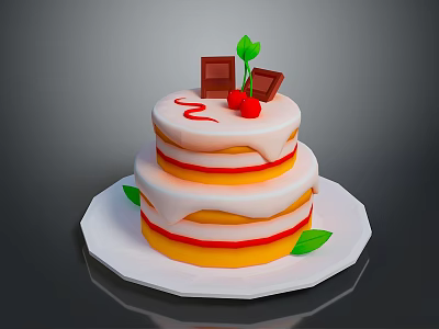 Two Layer Cake with White Cream Red Cherries Chocolate Pieces Green Leaves on White Plate 3d model