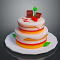 Two Layer Cake with White Cream Red Cherries Chocolate Pieces Green Leaves on White Plate