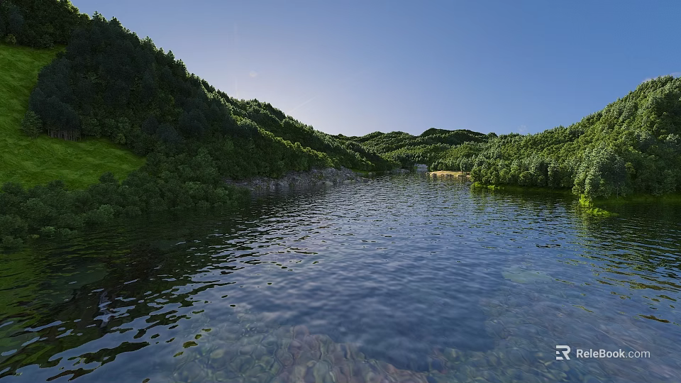 Garden Landscape With Calm Water Area Green Hills Vegetation Blue Sky And Visible Underwater Stones 3d model 