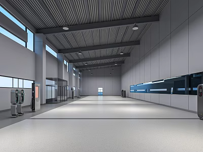 Modern Spacious Hall Interior With Gray Walls Metal Ceiling Long Windows And Smooth Floor 3d model