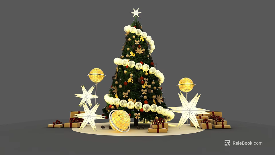 Festive Christmas Tree Decorated With String Lights Star Ornaments And Gift Boxes 3d model 