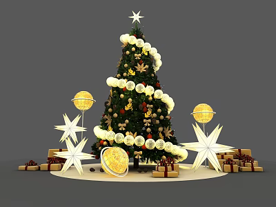 Festive Christmas Tree Decorated With String Lights Star Ornaments And Gift Boxes 3d model