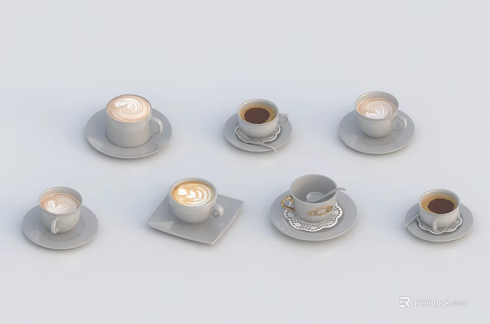 Different Coffee Cups With Saucers And Latte Art Arranged On White Surface 3d model 