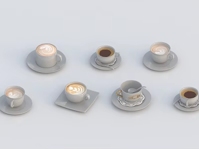 Different Coffee Cups With Saucers And Latte Art Arranged On White Surface 3d model