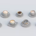 Different Coffee Cups With Saucers And Latte Art Arranged On White Surface