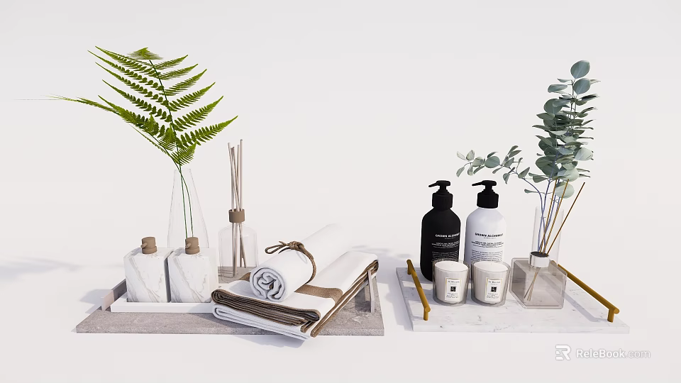 Stylish Bathroom Accessories With Plants Aromatherapy Towels Soap Dispensers And Candles 3d model 