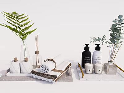 Stylish Bathroom Accessories With Plants Aromatherapy Towels Soap Dispensers And Candles 3d model
