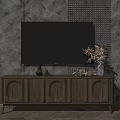 Wooden TV Stand With TV Decorative Vase Plant Against Gray Textured Wall On Wooden Floor