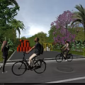 People Walking And Cycling On Road With Palm Trees Purple Flowering Shrubbery And Orange Barrels