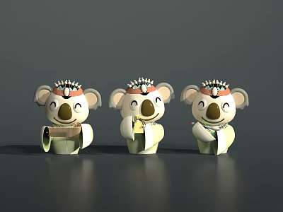 Three Cartoon Reptile Characters With Red Decor Headpieces And Green White Outfits 3d model