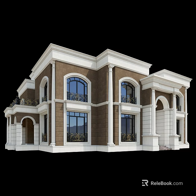 Classic European Style Detached Villa With Brown And White Exterior Arched Windows And Balcony Railings 3d model 