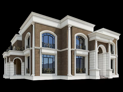 Classic European Style Detached Villa With Brown And White Exterior Arched Windows And Balcony Railings 3d model