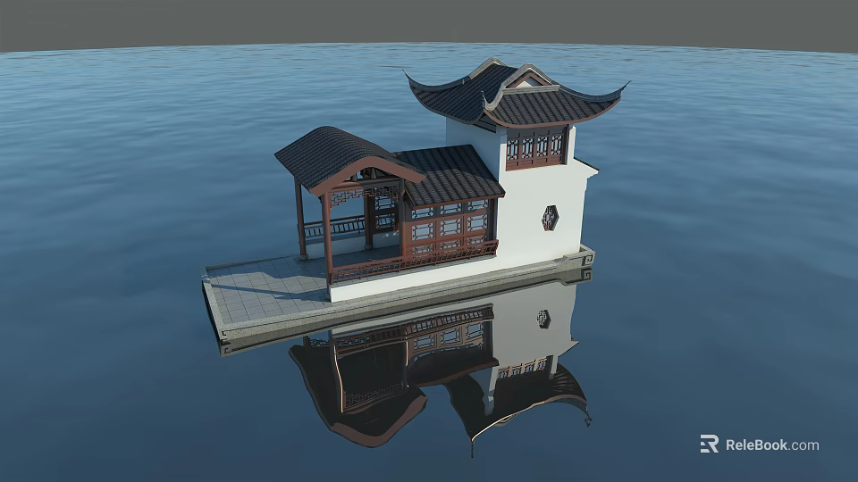Ancient Chinese Architecture Pavilion With Curved Roof Standing On Water Reflection 3d model 