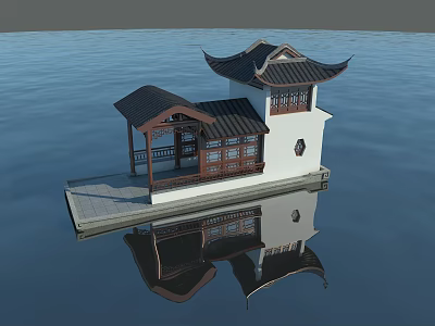 Ancient Chinese Architecture Pavilion With Curved Roof Standing On Water Reflection 3d model