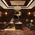 Luxurious Study Room Interior With Dark Wooden Walls Chandelier Bookshelf Leather Sofa And Armchairs