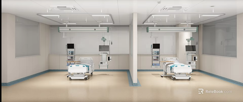 Modern Hospital Ward Interior With Patient Beds Medical Equipment And Ceiling Devices 3d model 