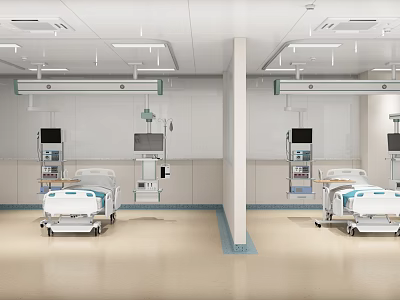 Modern Hospital Ward Interior With Patient Beds Medical Equipment And Ceiling Devices 3d model