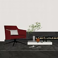 Modern Red Single Sofa with White Cushion Black Metal Base and Fireplace Green Plant