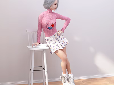 Gray Haired Woman In Pink Turtleneck Sweater And White Polka Dot Skirt Leaning On Stool 3d model