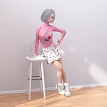 Gray Haired Woman In Pink Turtleneck Sweater And White Polka Dot Skirt Leaning On Stool