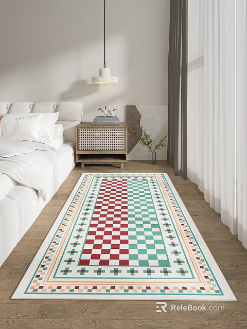 Modern Bedroom With White Bed Checkered Rug Wooden Floor And Wicker Table 3d model 