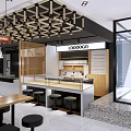 Modern Restaurant Interior With Wooden Long Tables Black Stools And Grid Ceiling