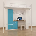 Practical Bunk Bed With White Frame Desk Blue Cabinet Laptop Small Stool And Bookshelf 3d model