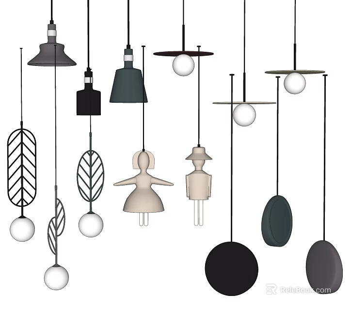 Contemporary Pendant Lights Featuring Unique Leaf Human and Circular Shapes in Black Beige Gray 3d model 