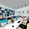 Public Office Space With Open Layout Office Desks Blue Sofas Geometric Accent Wall And Windows 3d model