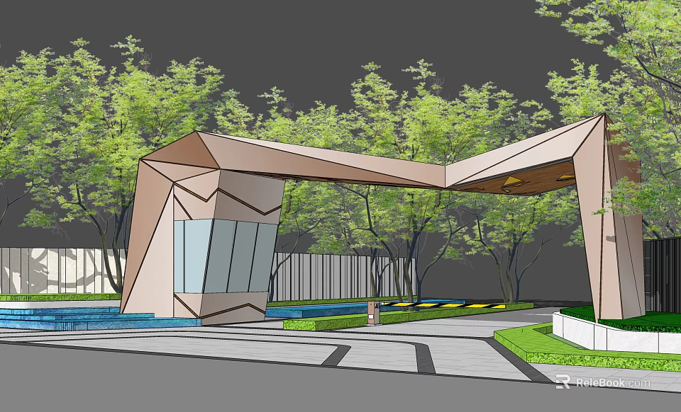 Modern Geometric Entrance Gate Design With Surrounding Trees And Greenery Paving 3d model 