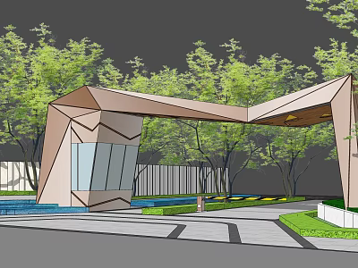 Modern Geometric Entrance Gate Design With Surrounding Trees And Greenery Paving 3d model