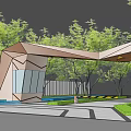 Modern Geometric Entrance Gate Design With Surrounding Trees And Greenery Paving