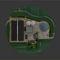 Circular Agricultural Facility Model With Green Fields Buildings Tanks And Blue Pond