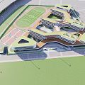 Modern School Building With Green Roofs Connected Structures And Adjacent Sports Field