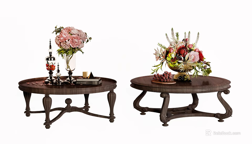 Classic Wooden Coffee Tables With Floral Vases Pink Flowers Berries And Books 3d model 