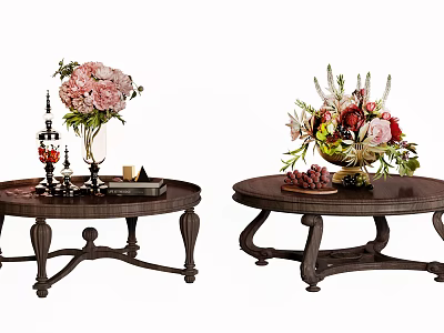Classic Wooden Coffee Tables With Floral Vases Pink Flowers Berries And Books 3d model