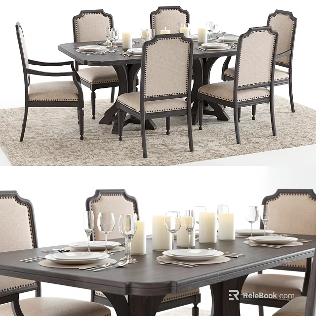 Elegant Modern Dining Table Set With Upholstered Chairs Table Settings Candles Wine Glasses And Plates 3d model 