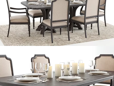 Elegant Modern Dining Table Set With Upholstered Chairs Table Settings Candles Wine Glasses And Plates 3d model