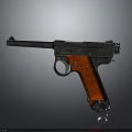 Vintage Style Metallic Pistol With Red Textured Grip And Shiny Detailed Body