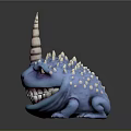 Game And Movie Character Blue Spiked Creature With Cone Shaped Horn And Large Teeth