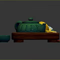 Wooden Tray Setup With Green Teapot Small Bowls Bread Lemon Slices And Sugar Cubes