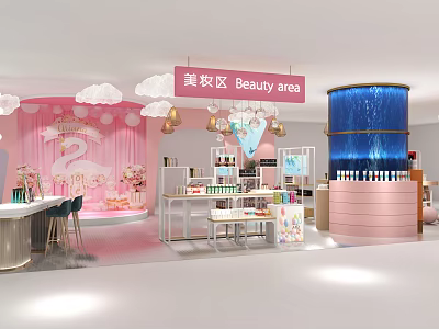 Beauty Store Beauty Area With Pink Decor Cloud Decorations Display Shelves And Beauty Products 3d model