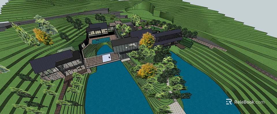 Modern Waterfront Villa Featuring Glass Facade Terraced Greenery And Trees 3d model 