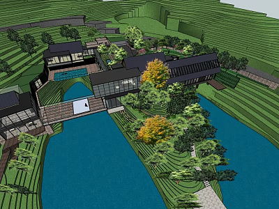 Modern Waterfront Villa Featuring Glass Facade Terraced Greenery And Trees 3d model