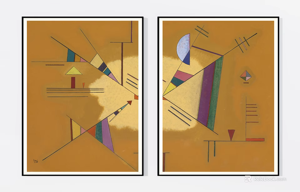 Two Panel Abstract Painting With Yellow Background Geometric Shapes And Colorful Elements 3d model 